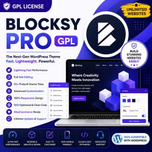 May include: A digital promotional graphic for Blocksy Pro WordPress theme featuring a laptop displaying a website interface with blue and white geometric cubes. Text includes GPL License, Unlimited Websites, and feature lists like Lightning Fast Performance.
