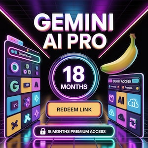 May include: A digital graphic promoting "GEMINI AI PRO" with the text "18 MONTHS" in a circular design. The image includes app icons, a banana, and the text "REDEEM LINK" and "18 MONTHS PREMIUM ACCESS". The color scheme is purple, black, and yellow.