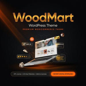 May include: A digital graphic for the WoodMart WordPress Theme, a premium WooCommerce theme. The image features a laptop displaying an e-commerce website, surrounded by floating icons including a cart, a watch, a mug, and discount badges.