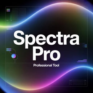 Può includere: Grafica digitale con le parole "Spectra Pro" in bianco e "Professional Tool" sotto. Lo sfondo presenta una sfumatura di colori, tra cui blu, viola e verde, con linee curve.