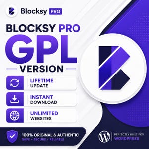 以下が含まれることがあります： 紫と白の配色を特徴とするBlocksy Pro GPL Versionのデジタルグラフィック。テキストには、Lifetime Update、Instant Download、Unlimited Websites、100% Original & Authenticが含まれています。下部にはWordPressのロゴが表示されています。