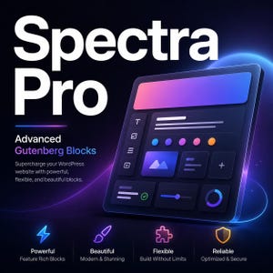 Könnte beinhalten: Eine digitale Grafik für Spectra Pro Advanced Gutenberg Blocks mit einem dunklen Bedienfeld, das bunte Symbole, Schieberegler und Schaltflächen enthält. Der Text lautet Spectra Pro, Advanced Gutenberg Blocks, Powerful, Beautiful, Flexible, Reliable.