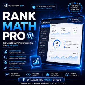 Puede incluir: Una pantalla digital de Rank Math Pro para WordPress, que muestra un panel con análisis, puntuaciones SEO y métricas de rendimiento. La interfaz incluye etiquetas de texto como Boost Rankings, Advanced SEO Analysis y Schema Integration.