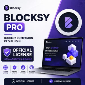 Könnte beinhalten: Eine digitale Grafik für das Blocksy Pro Plugin, die einen Laptop mit einer Website zeigt, auf der der Text Where Creativity Meets Innovation steht. Das Design enthält ein offizielles Lizenzabzeichen sowie Symbole für Support.