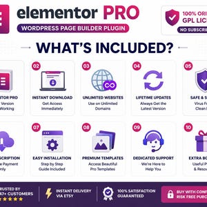 K&ouml;nnte beinhalten: Eine Infografik f&uuml;r das WordPress-Seiten-Builder-Plugin Elementor Pro mit zehn nummerierten Punkten, darunter sofortiger Download, unbegrenzte Websites, lebenslange Updates, sichere Dateien, kein Abonnement, einfache Installation und Bonusinhalte.