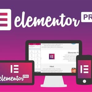 K&ouml;nnte beinhalten: Eine digitale Grafik mit dem Elementor PRO-Logo in Wei&szlig; auf einem violetten Farbverlaufshintergrund. Ein Computermonitor, ein Tablet und ein Smartphone zeigen die Elementor-Oberfl&auml;che, jeweils mit dem Markenlogo und Software-Bearbeitungstools.