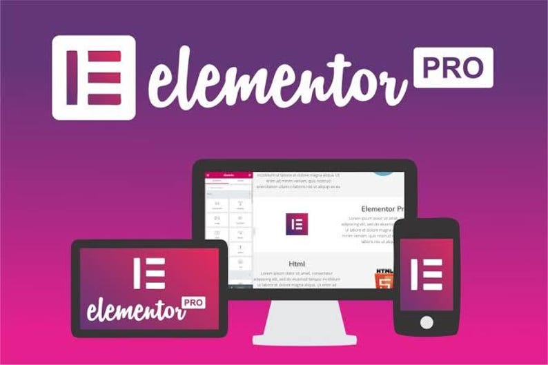 K&ouml;nnte beinhalten: Eine digitale Grafik mit dem Elementor PRO-Logo in Wei&szlig; auf einem violetten Farbverlaufshintergrund. Ein Computermonitor, ein Tablet und ein Smartphone zeigen die Elementor-Oberfl&auml;che, jeweils mit dem Markenlogo und Software-Bearbeitungstools.