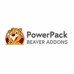 May include: A logo featuring a cartoon beaver with brown fur, a red nose, and white teeth inside a circular orange frame, positioned to the left of the dark brown text that reads PowerPack BEAVER ADDONS in a clean, sans-serif typeface.