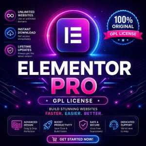 K&ouml;nnte beinhalten: Eine digitale Grafik f&uuml;r Elementor Pro mit einer violetten und blauen Neon-&Auml;sthetik. Das zentrale Symbol ist ein wei&szlig;er Buchstabe E auf einem violetten Quadrat. Der Text umfasst Elementor Pro, GPL License, 100% Original und Build Stunning Websites Faster, Easier, Better.