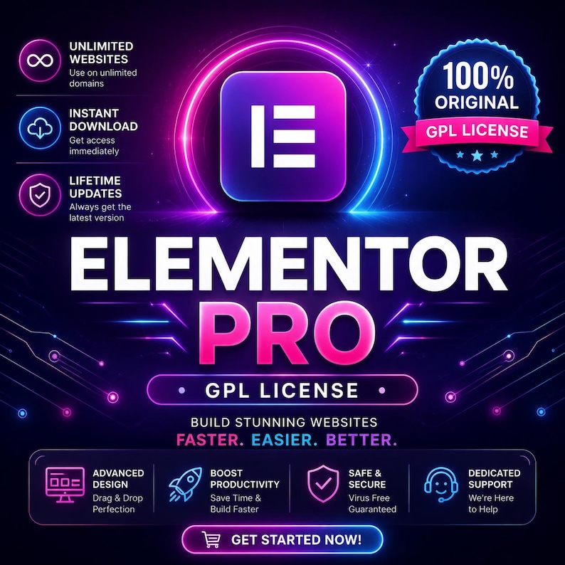 K&ouml;nnte beinhalten: Eine digitale Grafik f&uuml;r Elementor Pro mit einer violetten und blauen Neon-&Auml;sthetik. Das zentrale Symbol ist ein wei&szlig;er Buchstabe E auf einem violetten Quadrat. Der Text umfasst Elementor Pro, GPL License, 100% Original und Build Stunning Websites Faster, Easier, Better.