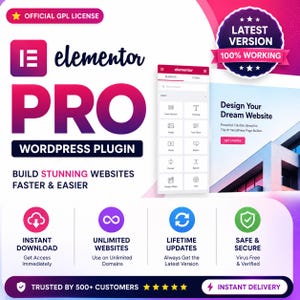 May include: A digital graphic for Elementor Pro WordPress plugin featuring a purple and pink gradient background. It displays the Elementor logo, the text 'PRO WORDPRESS PLUGIN', and a preview of the website builder interface with icons.