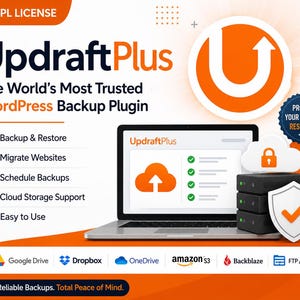 May include: A promotional graphic for UpdraftPlus WordPress backup plugin featuring a laptop displaying the software interface, a stack of server icons with a shield, and a list of features including backup, restore, and cloud storage support.