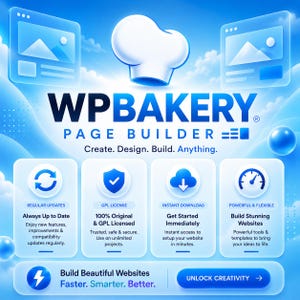 Puede incluir: Un gráfico azul y blanco para WPBakery Page Builder con un icono de gorro de chef, el texto Create. Design. Build. Anything., y cuatro cuadros informativos sobre actualizaciones, licencia GPL, descarga instantánea y herramientas.