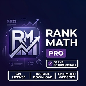 Könnte beinhalten: Eine digitale Grafik für Rank Math Pro mit einem violetten Logo, den Buchstaben RM und einem Pfeil nach oben. Der Text umfasst Rank Math Pro, Brand Forupemcitals, GPL License, Instant Download und Unlimited Websites auf dunkelblauem Grund.