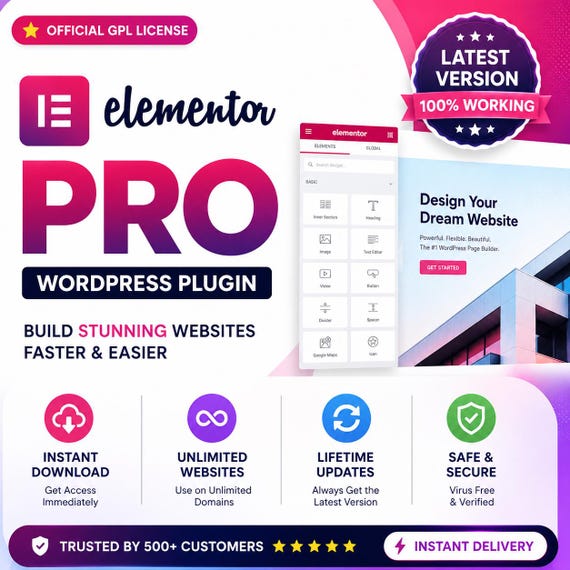 Elementor Pro GPL | Latest Version | Instant Download | Unlimited Websites | Lifetime Updates | WordPress Plugin