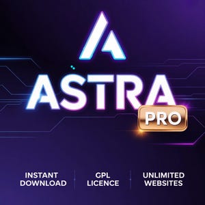 Może przedstawiać: Grafika cyfrowa ze słowem "ASTRA" w neonowej czcionce, ze stylizowanym logo "A" powyżej. Złoty prostokąt z napisem "PRO". Poniżej tekst brzmi "NATYCHMIASTOWE POBIERANIE", "LICENCJA GPL" i "NIEOGRANICZONA LICZBA STRON". Tło jest ciemnofioletowe.