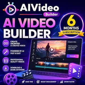 Könnte beinhalten: Eine digitale Anzeige für einen AI Video Builder mit einem Laptop, der eine Videobearbeitungsoberfläche anzeigt. Der Text enthält AI Video Builder, 6 Months Subscription, Create Unlimited AI Created Videos und Grow Faster.