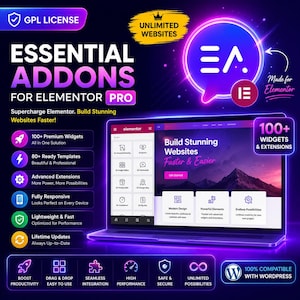 May include: A digital graphic for Essential Addons for Elementor Pro featuring a laptop displaying a website builder interface. The design includes neon purple and blue accents, text detailing features like 100+ widgets, lifetime updates, and WordPress compatibility.