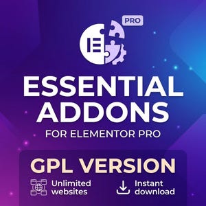 Könnte beinhalten: Eine digitale Grafik mit dem Text Essential Addons for Elementor Pro und GPL Version. Das Design enthält ein weißes Puzzleteil-Symbol mit einem PRO-Label sowie Text für Unlimited websites und Instant download inklusive entsprechender Symbole.