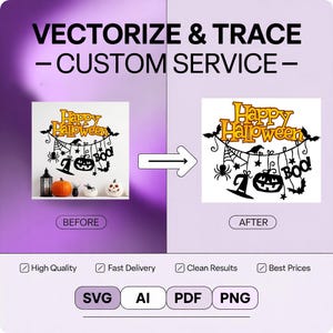 Puede incluir: Imagen que muestra un servicio de vectorización para diseños de Halloween. La imagen muestra una comparación de "Antes" y "Después" de una decoración de Halloween, con el texto "Happy Halloween" y elementos espeluznantes. Opciones de formato de archivo: SVG, AI, PDF y PNG.
