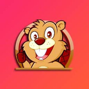 May include: A cartoon illustration of a light brown beaver with a dark red nose, large white teeth, and a wide smile. The beaver is positioned within a circular frame, giving a thumbs-up gesture with a red-gloved hand against a gradient background.