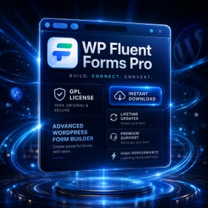 以下が含まれることがあります： 青と白のロゴ、BUILD. CONNECT. CONVERT.というテキスト、GPL LICENSE、INSTANT DOWNLOAD、LIFETIME UPDATES、PREMIUM SUPPORT、HIGH PERFORMANCEのセクションが記載された、暗い背景のWP Fluent Forms Pro用デジタルディスプレイ。