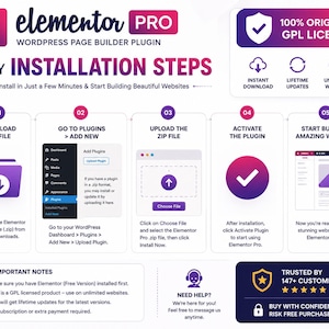 K&ouml;nnte beinhalten: Eine Infografik mit dem Titel Elementor Pro WordPress Page Builder Plugin, die f&uuml;nf Installationsschritte beschreibt. Sie zeigt violettes und wei&szlig;es Branding, Symbole f&uuml;r Dateidownloads, Plugin-Aktivierung und Website-Erstellung sowie wichtige Hinweise.