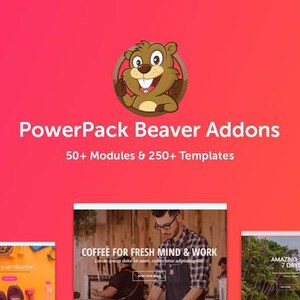 May include: A digital graphic featuring a cartoon beaver icon above the white text PowerPack Beaver Addons, 50+ Modules & 250+ Templates, set against a red to orange gradient background with three small website preview thumbnails at the bottom.