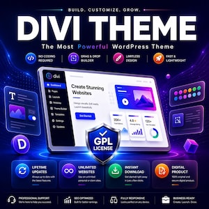 May include: A digital product advertisement for the Divi Theme, featuring a tablet displaying a website dashboard interface. The graphic includes text such as Build, Customize, Grow, Divi Theme, The Most Powerful WordPress Theme, and GPL License.