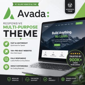 Op de afbeelding: Een laptop met de Avada WordPress-themawebsite, met een achtergrond van een berglandschap en de tekst Build Anything. No Limits. De afbeelding bevat groene accenten, een badge voor 900K+ gebruikers en vermeldt functies zoals snel, lichtgewicht en responsief.