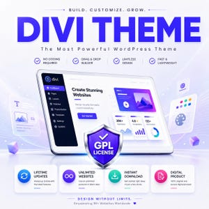 May include: A digital graphic for Divi Theme, the most powerful WordPress theme. It features a tablet displaying a website dashboard, a purple GPL license shield, and text including Build, Customize, Grow, No Coding Required, and Lifetime Updates.