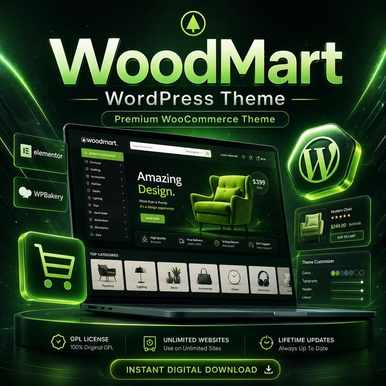 May include: A laptop screen displaying the WoodMart WordPress Theme interface with a green and black color scheme. The screen shows a furniture store layout with product categories, a chair image, and text including Elementor and WPBakery logos.