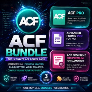 Könnte beinhalten: Eine digitale Grafik für ein ACF-Paket mit drei Premium-Plugins: ACF PRO, Advanced Forms PRO for ACF und ACF Frontend PRO Premium für Elementor. Das Design verwendet einen dunklen Hintergrund mit neonblauen, violetten und pinken Akzenten und zeigt Text über WordPress-Tools, Produktivität und nahtlose Integration.