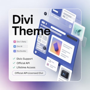 May include: A digital graphic promoting the Divi Theme. The image features a blue interface design with the text "Divi Theme" in large, bold letters. Additional text includes "Divi 5 Beta," "Divi AI," and "Divi Builder," along with checkmarks for support and API.