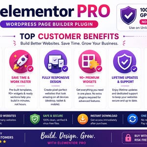 K&ouml;nnte beinhalten: Eine Infografik f&uuml;r das Elementor Pro WordPress Page Builder Plugin in einem violetten und rosafarbenen Farbverlauf. Sie listet die wichtigsten Kundenvorteile auf, darunter Website-Erstellung, responsives Design und lebenslange Updates.