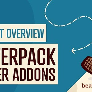 May include: A blue graphic banner featuring the text PRODUCT OVERVIEW POWERPACK BEAVER ADDONS in dark brown letters on cream rectangles. A cartoon brown beaver wearing an orange hard hat is positioned next to the text beaverbuilder.