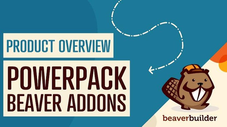 May include: A blue graphic banner featuring the text PRODUCT OVERVIEW POWERPACK BEAVER ADDONS in dark brown letters on cream rectangles. A cartoon brown beaver wearing an orange hard hat is positioned next to the text beaverbuilder.
