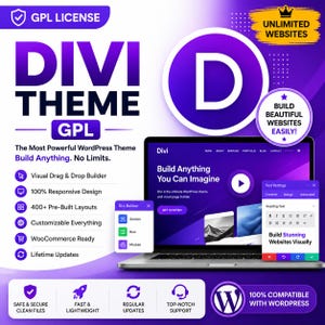 May include: A promotional graphic for the Divi WordPress theme featuring a laptop displaying a website interface. The purple and white design includes text such as GPL LICENSE, UNLIMITED WEBSITES, and lists features like visual drag and drop builder.