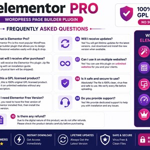 K&ouml;nnte beinhalten: Eine Infografik f&uuml;r das WordPress-Page-Builder-Plugin Elementor Pro mit einem Bereich f&uuml;r h&auml;ufig gestellte Fragen, einer Liste von Vorteilen sowie Details zur 100% originalen GPL-Lizenz, sofortigen Downloads und lebenslangen Updates.