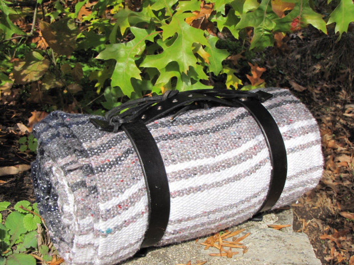 Black Gray White Blanket Roll With Solid Black Leather Etsy