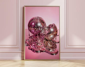 Impresión de bola de discoteca rosa derretida / Decoración de pared con bola de espejos Y2K