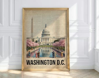 以下が含まれることがあります： ワシントンD.C.の額入りプリント。国会議事堂、ワシントン記念塔、桜の木が特徴です。画像はヴィンテージ風で、下部に「WASHINGTON D.C.」の文字があります。