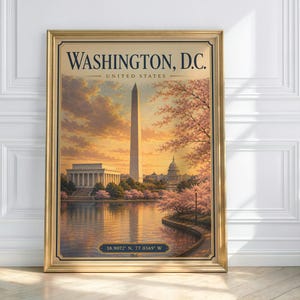 May include: A framed print featuring a scenic view of Washington, D.C., with the Washington Monument, Lincoln Memorial, and Capitol Building. The artwork has a golden frame and includes the text "WASHINGTON, D.C. UNITED STATES".
