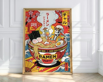 Impresión de esqueleto de fiesta de ramen / Decoración urbana de arte pop japonés