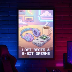 Può includere: Una stampa incorniciata con un'illustrazione retrò. Raffigura cuffie, una console di gioco portatile e una tazza di caffè fumante. Il testo "LOFI BEATS & 8-BIT DREAMS" è visualizzato in basso. La palette colori include rosa, blu e viola pastello.