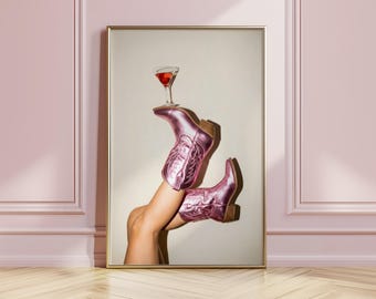 Pink Cowboy Boots Cocktail Print | Disco Cowgirl Wall Art