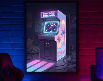 Retro Arcade Neon Print | Retro Gaming Vaporwave Wall Art