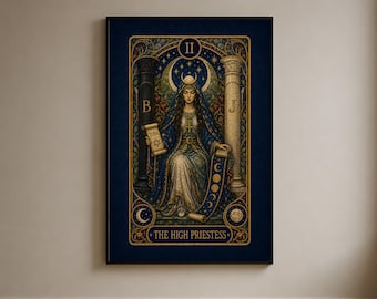 May include: A framed wall art print of The High Priestess tarot card. The illustration features a central figure in blue and gold robes between two pillars marked B and J, holding a scroll labelled TORA, with a crescent moon and stars above.
