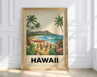 Hawaii Hula Art Print | Vintage Newspaper Tropical Surf Wall Decor