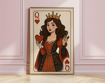Queen of Hearts Playing Card Print | Vintage Royal Love Art